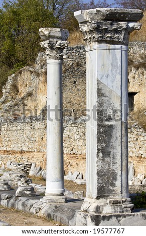 Ancient Greek pillars at Fillipous area archaeological site in North Greece
