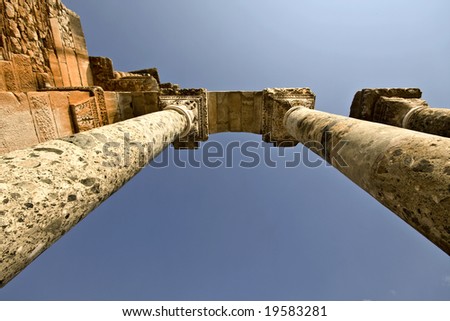 Ancient Greek pillars on Fillipous area archaeological site in North Greece