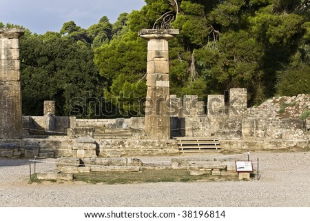 Ancient temple of Goddess Hera and altar of God Zeus  at Olimpia archaeological site in Greece