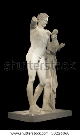 Hermes and Dionysus, ancient classical Greek statue of Hermes of Praxiteles (museum of ancient Olympia, Greece)