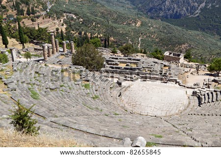 Temple of Apollo and the theater at Delphi oracle archaeological site in Greece