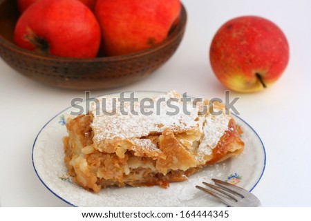 Apple Strudel, typical german food, on a plate with fork and apple basket in background