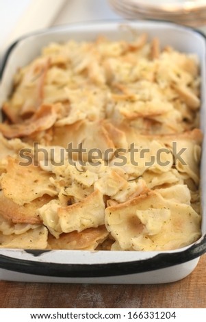 Mlinci, a traditional dish in Croatian and Slovenian cuisine in an old baking pan. Mlinci are thin dried flatbread prepared by pouring boiled salted water or soup over and baking in the oven