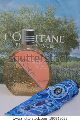 LJUBLJANA, SLOVENIA - MARCH 10, 2014: L\'Occitane products shower gel and hand creme. L\'Occitane is a French cosmetics retailer, it was founded in 1976 and has shops in 90 countries all over the world.