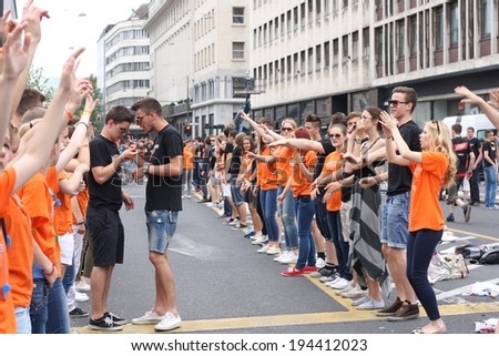 LJUBLJANA, SLOVENIA - MAY 23, 2014: Seniors of high schools perform the traditional prom dance in Ljubljana, Slovenia. They achieve Quadrille Dance Record for Guinness World Record almost every year.