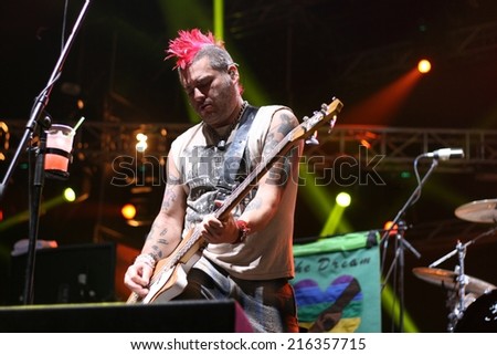 BUDAPEST, HUNGARY - AUGUST 17, 2014:  Michael John Burkett, known as Fat Mike, lead vocalist and bassist for the punk rock band NOFX performs on Sziget festival