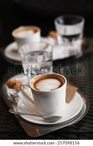 Two cups of coffee with milk in a Viennese coffee house (Wiener Kaffeehaus) served with glass of water and a cookie