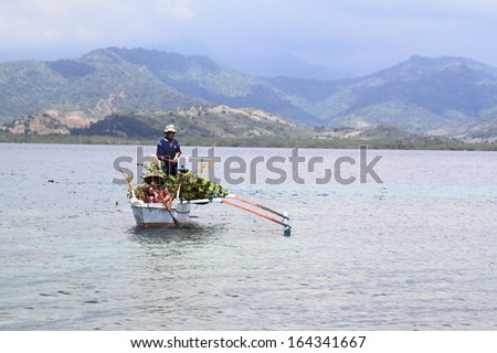 SUMBAWA INDONESIA - May 8:Unidentified people transport harvest by boat - May 8,2013 in Sumbawa Indonesia. Sumbawa is located in West Nusa Tenggara province,one of Indonesia\'s 17,500 islands.