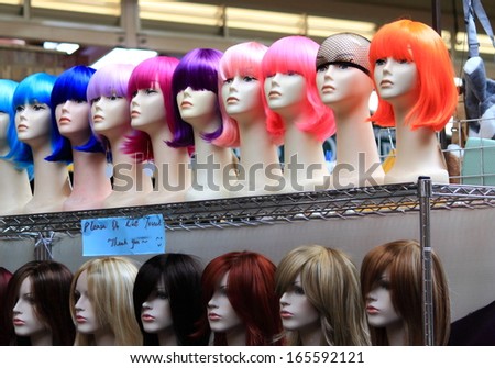 MELBOURNE - August 3: Colourful wig display at Queen Victoria market - August 3,2013 in Melbourne Australia.Queen Victoria market is the largest open air market in the Southern Hemisphere.