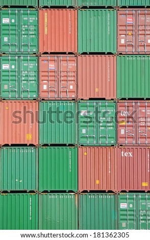 MELBOURNE AUSTRALIA - March 8,2014: Cargo containers piled up at Port of Melbourne dock - The port is expected to reach capacity by 2015 due to surging container traffic.