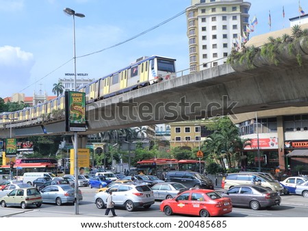 KUALA LUMPUR MALAYSIA - 30 May, 2014:Traffic Jam and monorail in Kuala Lumpur. Traffic congestion is a serious issue despite efforts to promote public transport in Kuala Lumpur.