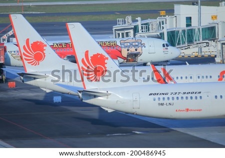 KUALA LUMPUR MALAYSIA - 26 May, 2014:Lion Air Airplanes at KLIA2 airport.Lion Air is IndonesiaÃ¢Â?Â?s largest privately run airline.