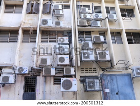 KUALA LUMPUR MALAYSIA - 25 May, 2014:Air conditioning units installed to a building. Weather in Malaysia is hot and humid tropical rainforest climate averaging 22 - 32 degrees.