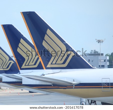 SINGAPORE - 29 May, 2014: Singapore Airlines airplane. Singapore Airlines is the flag carrier of Singapore and a 5 star airline.