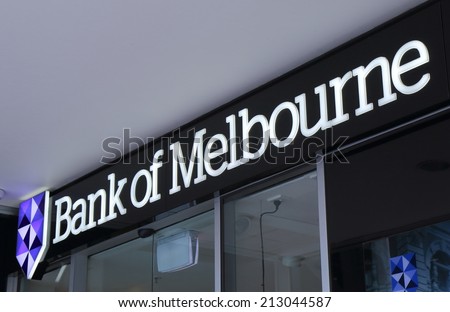 MELBOURNE AUSTRALIA - AUGUST 23, 2014: Bank of Melbourne logo - Bank of Melbourne is a financial institution operated in Victoria Australia, subsidiary of the Westpack Group.