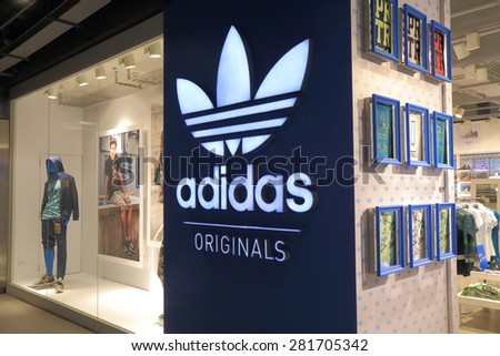 BANGKOK THAILAND - APRIL 19, 2015: Adidas shop at Siam Centre. Adidas is a German corporation that designs footwear and clothing.