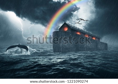 Noah\'s ark story, masterpiece of art created using four photos, the ark was made with custom shapes, color gradients, brushes and custom wood textures.
