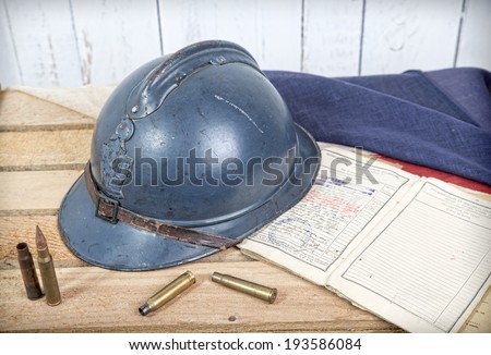 french helmet of World War I  and old french flag