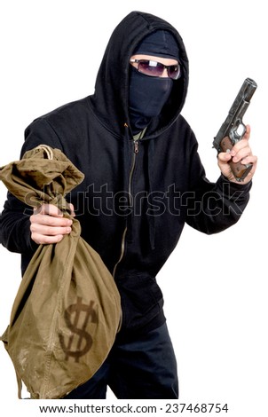 hooded robber with a gun and a bag of money