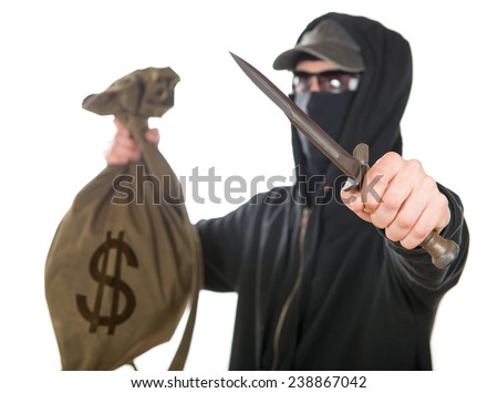 hooded robber with a dagger and a bag of money