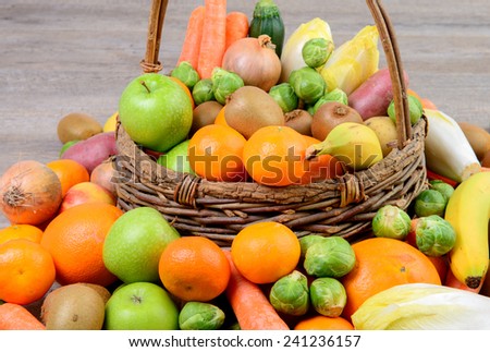fruit and vegetable basket on the wooden table