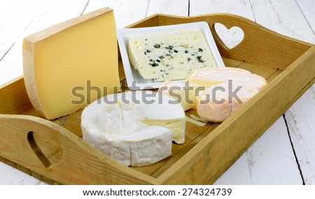 tray different french cheeses on white table