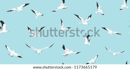Vector seamless pattern with seagulls flying on blue sky background. Seamless with birds flying. Pattern for fabric, baby clothes, background, textile, wrapping paper and other decoration.