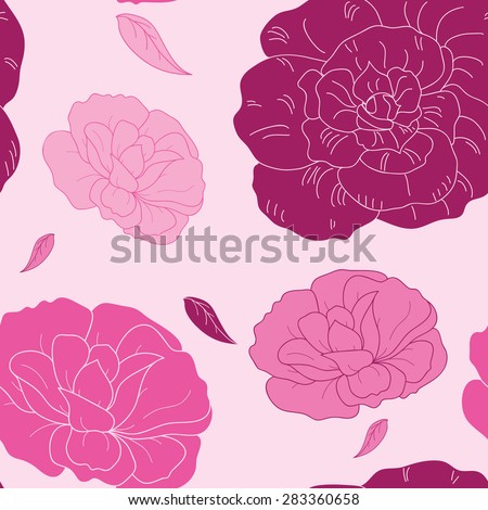 Seamless vector floral pattern of pink flowers. Roses and lilies on a light background.