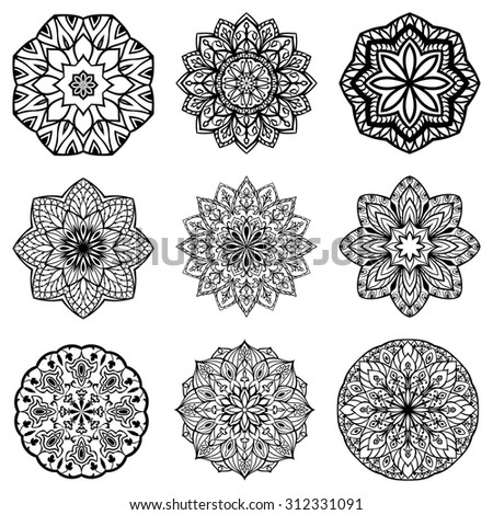 Set of mandalas Collection of stylized stars and snowflakes Vector round ethnic ornaments Template for embroidery Sketches for tattoo Set of mandalas Collection of stylized stars and snowflakes Vector round ethnic ornaments Template for embroidery Sketches for tattoo