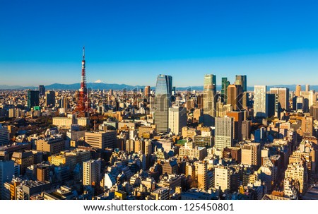 Panorama of Tokyo with the Tokyo Tower and Mt. Fuji, Japan