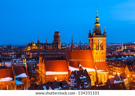 Gdansk Skyline with St. Catherine\'s and St. Mary\'s Churches, Pomerania, Poland
