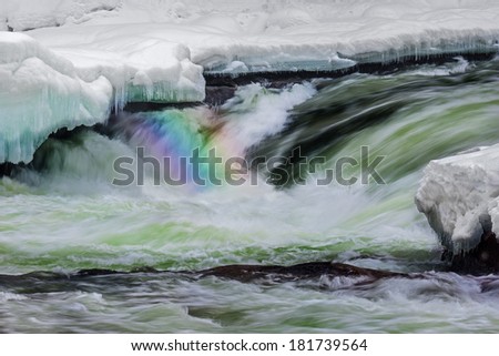 Fast running water with floes and snow and a nice rainbow