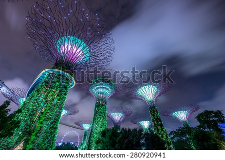 MARINA BAY ,SINGAPORE, May 22, 2015: Big Tree light show night time for people watch the show in Garden By The Bay,Singapore