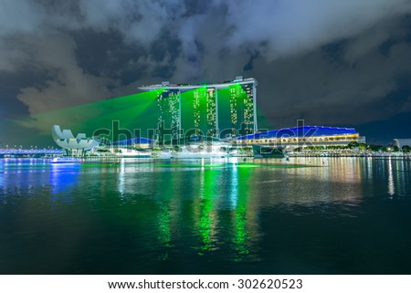 SINGAPORE - MAY 23: Marina Bay Sands hotel light show at night on May 23, 2015 in Singapore. It is the world's most expensive building with cost of US$ 4.7 billion and landmark of Singapore.