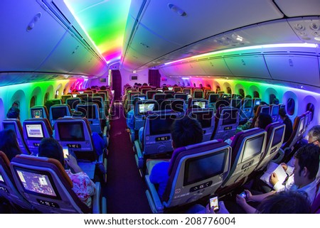 THAILAND - AUGUST 1:Rainbow light in economy class cabin of Thai Airways Int\'l Boeing 787-8 Dreamliner HS-TQA  inflight TG120 Suvarnabhumi - Chiang Mai