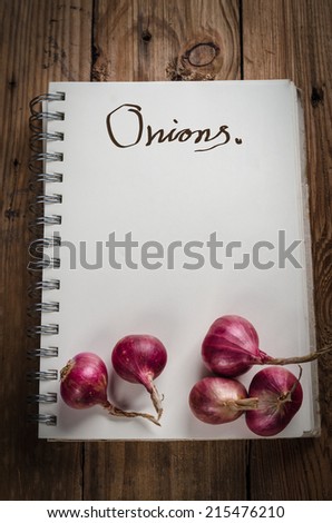 Concept red onions with note book for plan the cooking