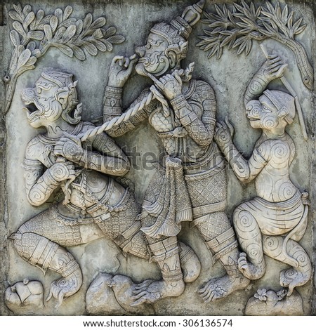 Stucco art in the temples of Thailand from the Ramayana's story. The ancient literature This architecture is a public art for everyone. Unlicensed
