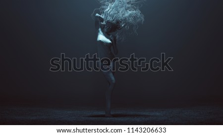 Evil Spirit in a foggy void with Glowing White Eyes and a Bad Hair Day 3d Illustration