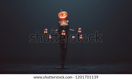 Sexy Pumpkin Head Devil Woman with Floating Skulls in a foggy void 3d Illustration 3d render