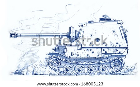 Caricature illustration of a WW2 German Sd Kfz184 Elefant Self-propelled Assault Gun advancing at the Battle of Kursk, Russia 1943.