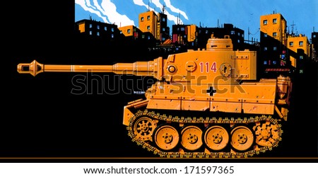 Caricature illustration profile of a sand-colored World War 2 German Tiger 1 tank deployed in a black-shadowed North African village.