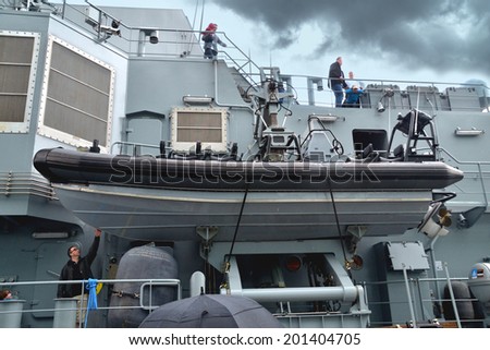 DUBLIN, IRELAND - MAY 18: The portside RIB of the newly commissioned Irish Naval Service Vessel LE Beckett on her maiden visit to Dublin on May 18, 2014 in Dublin, Ireland.