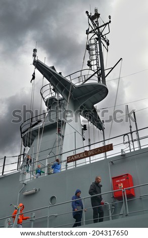 DUBLIN, IRELAND - MAY 18: The main mast of the newly commissioned Irish Naval Service vessel LE Samuel Beckett on her maiden visit to Dublin on May 18, 2014 in Dublin, Ireland.