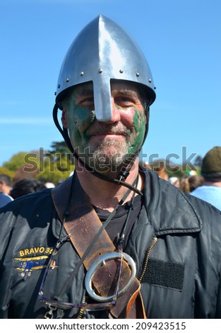 CLONTARF, IRELAND - APRIL 19: A Viking combat re-enactor attending the 1,000th anniversary re-enactment of the Battle of Clontarf on April 19, 2014 in Clontarf, Ireland.
