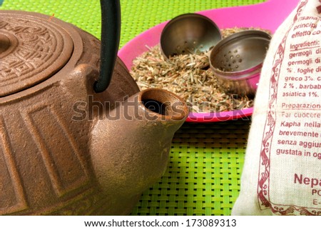 A teapot, unfiltered Chinese tea, a tea filter, on a green place mat