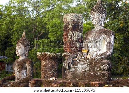 Close up Buddha statue in old city Sukhotai ancient capital Thailand