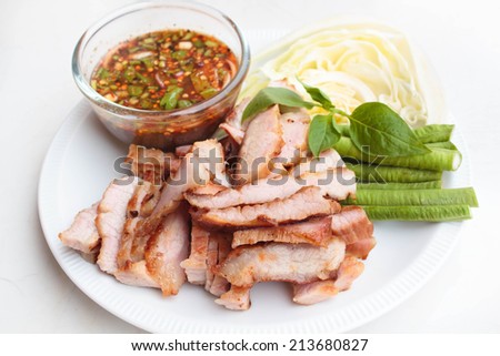 charcoal-boiled pork neck and spicy sauce, thai food.