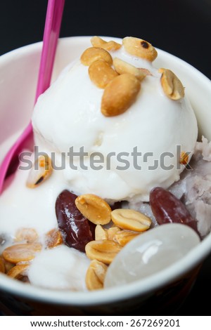 ice cream, coconut ice cream with nuts and red bean.