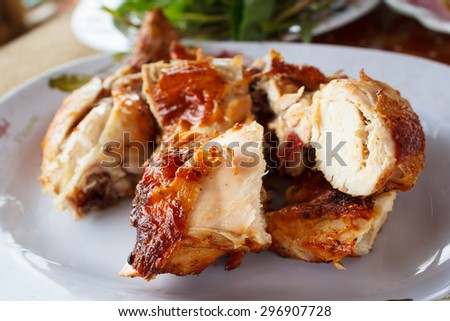 grilled chicken on plate, style thai food.