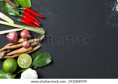Traditional Thai food cuisine Herb ingredient of Tom Yum spicy soup  on black background